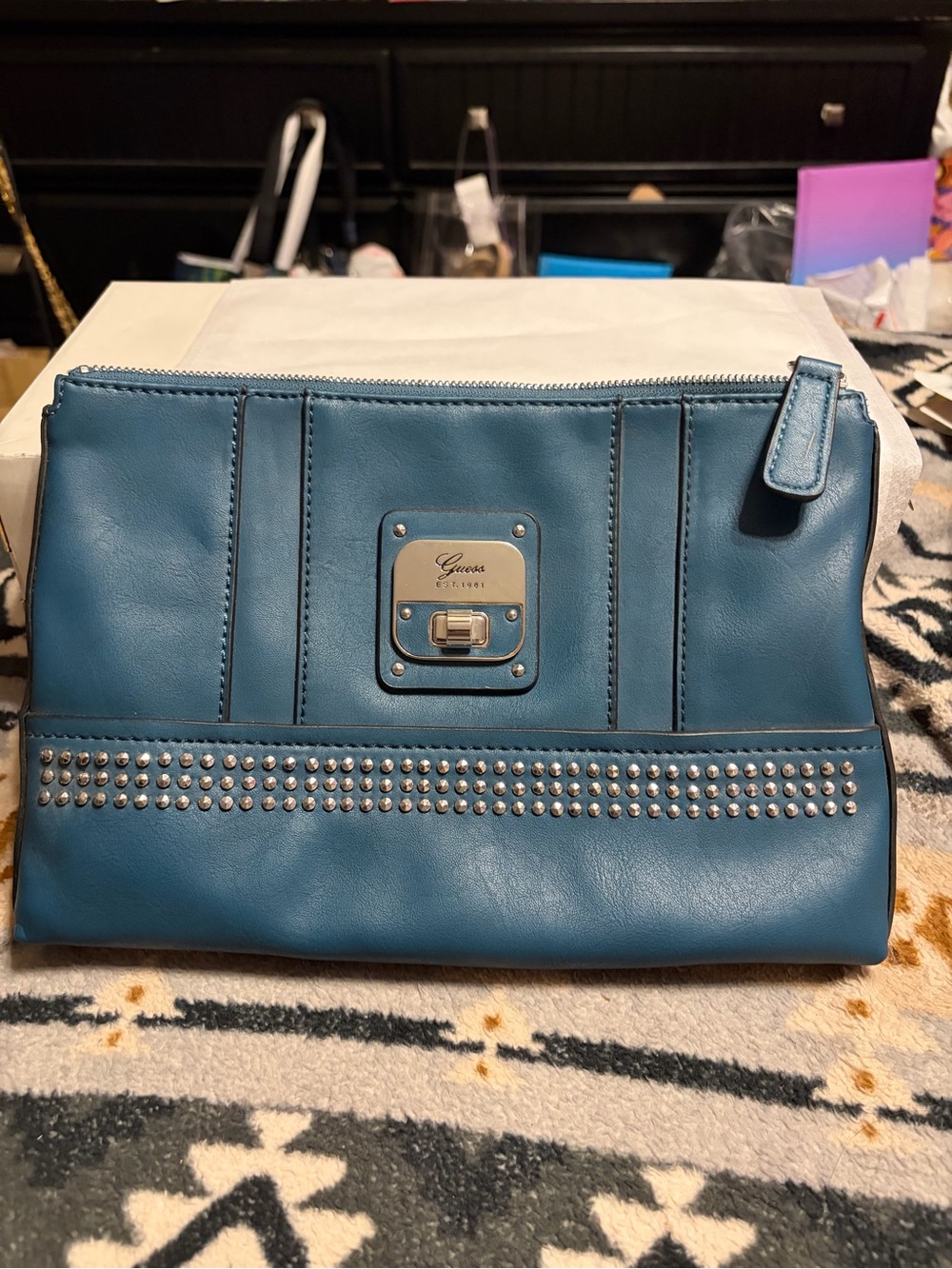 Guess NWT Teal Studded PU Leather Zip Clutch